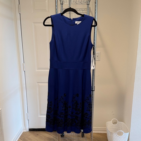 Calvin Klein Royal Blue Midi Dress with Black Floral Accents - Picture 1 of 4